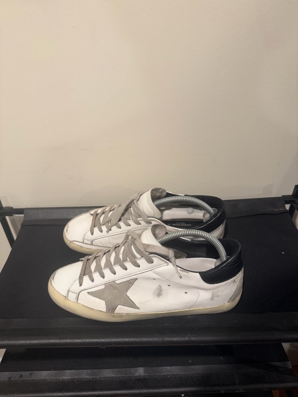 Golden Goose White Leather Sneakers with Gray Star and Black Heel